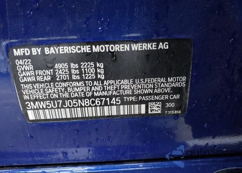 2022 BMW M340I from USA, damaged, VIN 3MW5U7J05N8C67145